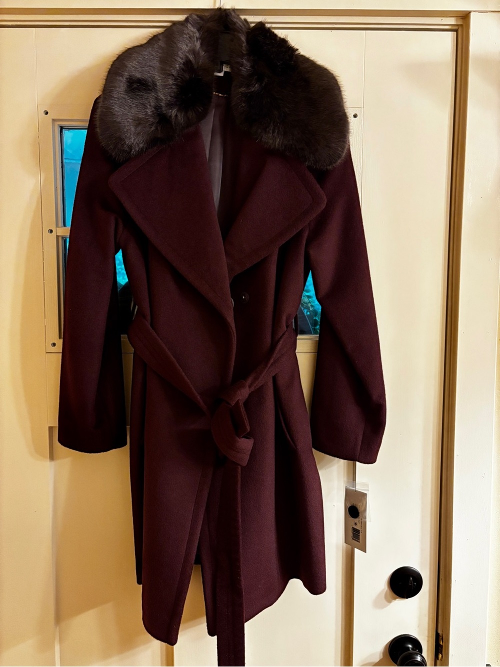 Via Spiga Burgundy Trench Coat with Dark Fur Collar